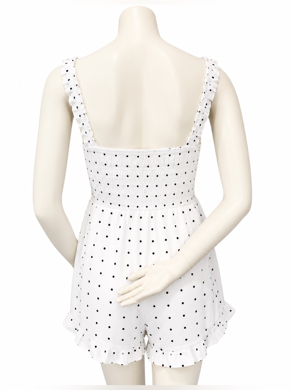 White Birch Romper Size S White Black Polka Dot Smocked Ruffle - Picture 4 of 11
